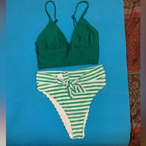Aerie Green White Triangle Banded Bikini & Top Set Size S